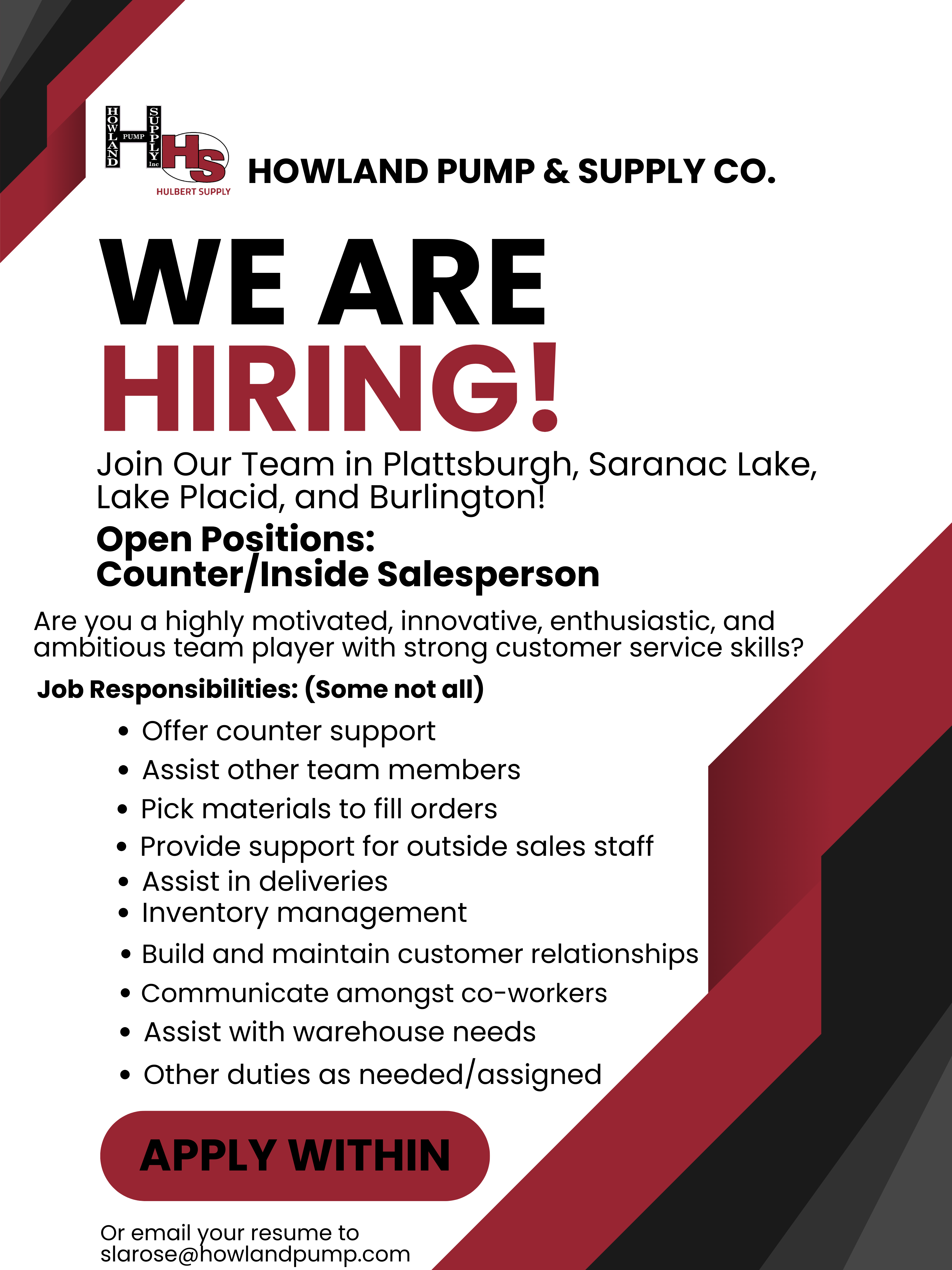 Now Hiring! | Howland Pump &amp; Supply Co, Inc.